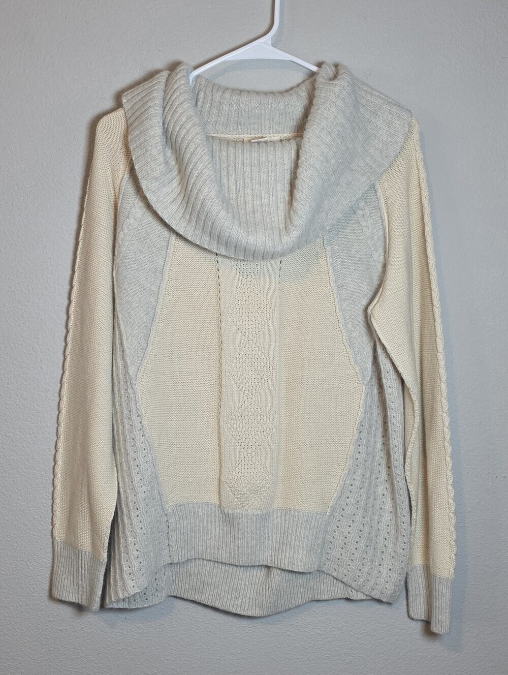 ​Sundance Mixed Cable Knit Cowl Neck Sweater Large Cream Grey Boho Cabin Chic